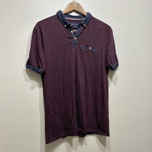 Denim & Flower Polka Dot 1/4 Button Collared Short Sleeve Shirt Top Burgundy